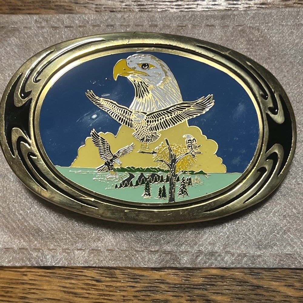 Vintage 1983 NAP Inc Solid Brass Eagle Belt Buckle – F09 – Eagle In Water Scene